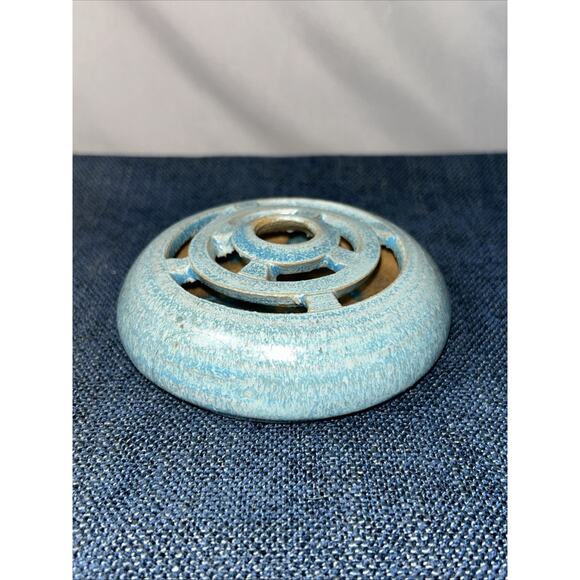 Studio Pottery 4" W 1.25" T 9 Hole Flower Frog Crystalline Glaze Turquoise - Picture 3 of 9